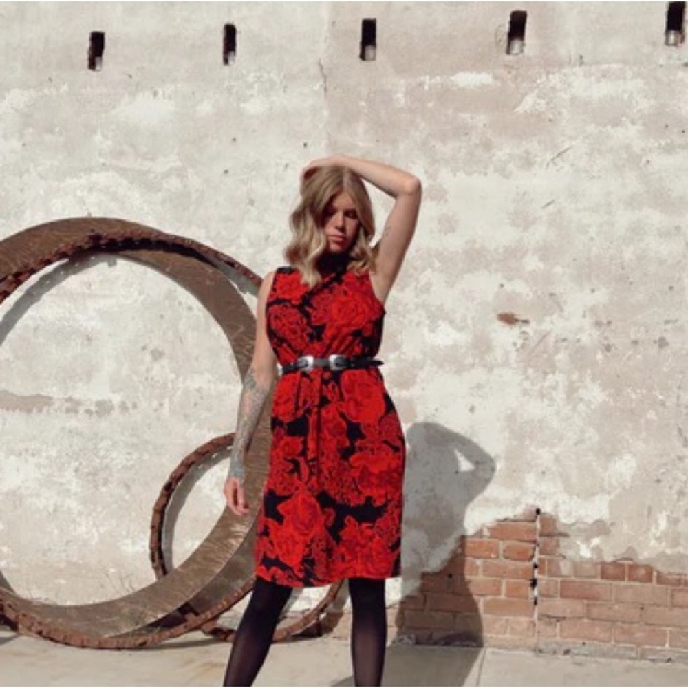 Red floral paisley medium cowl neck knit dress